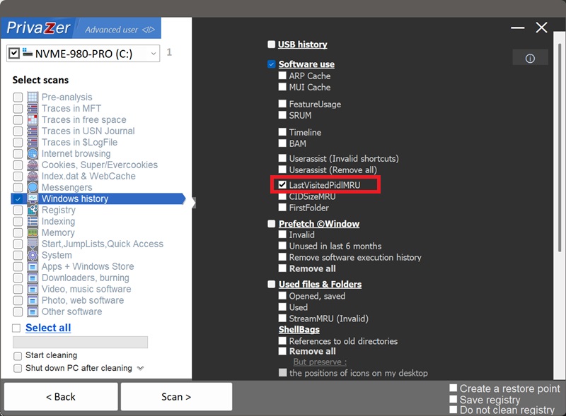 PrivaZer 扫描选项中的 LastVisitedPidlMRU 项