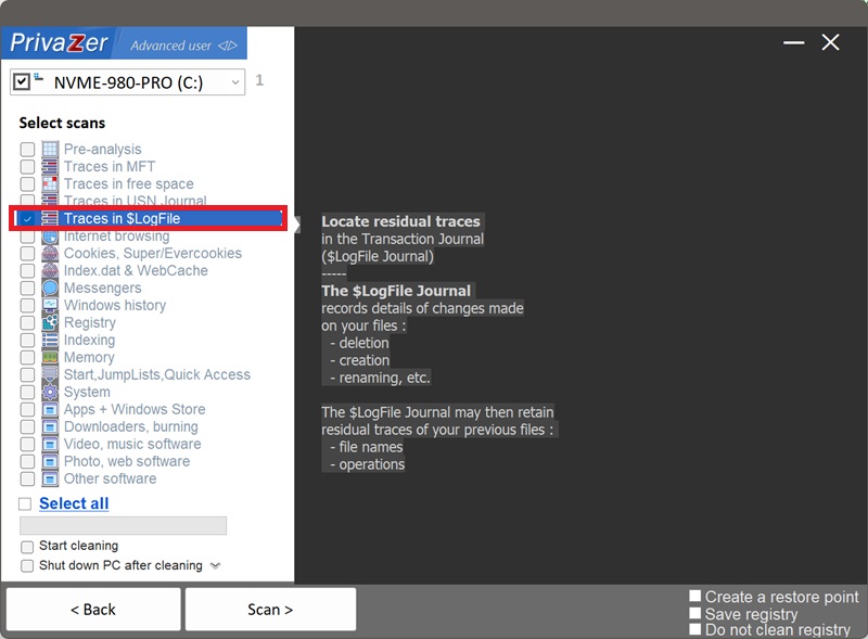 PrivaZer 选择扫描中的 $LogFile 痕迹