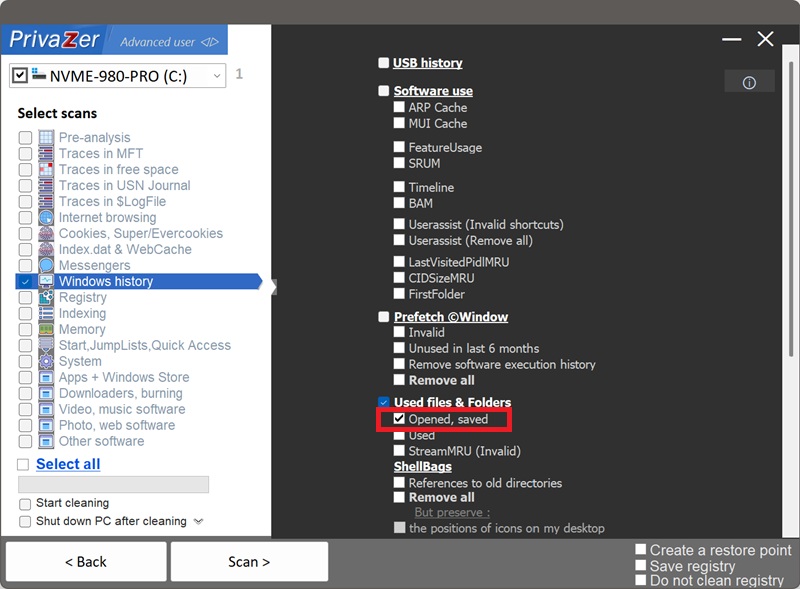 PrivaZer 扫描选项中的 OpenSaveMRU 项