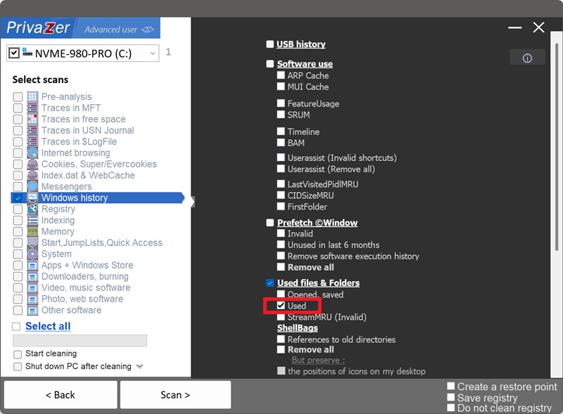 PrivaZer 扫描选项中的 RecentDocs 项