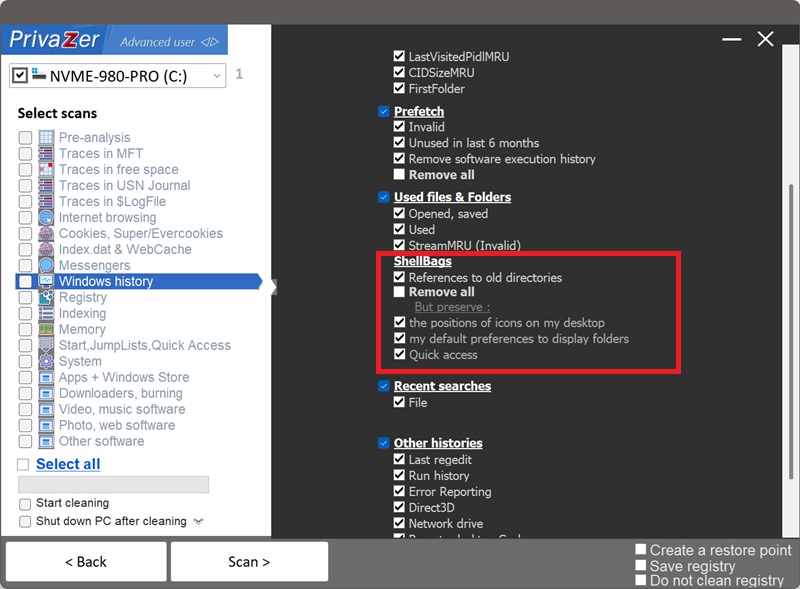 PrivaZer 扫描选项中的 Shellbags 项