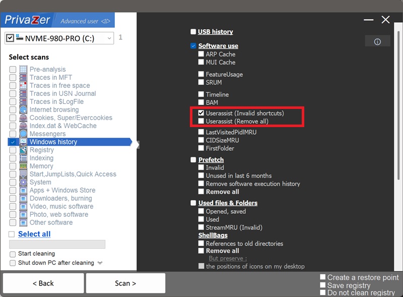PrivaZer 的 UserAssist 清理选项