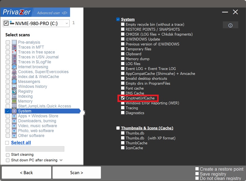 PrivaZer 扫描选项中的 CryptnetUrlCache