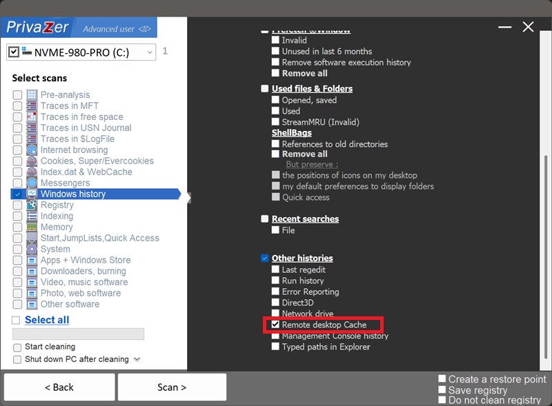 PrivaZer 扫描选项中的 RDP 位图缓存