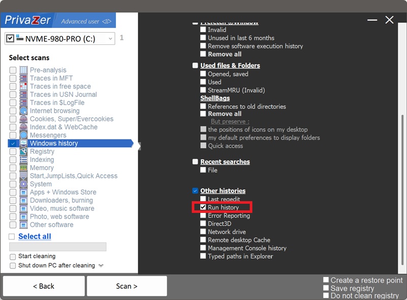 PrivaZer 扫描选项中的 RunMRU